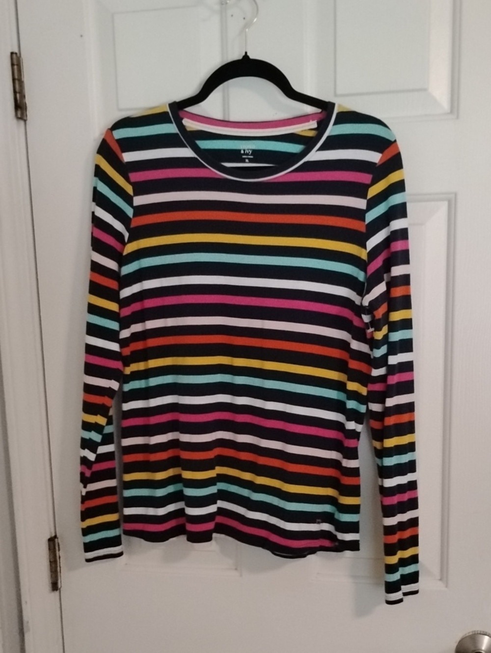 crown & ivy Navy Crewneck Top with Mint, Pink and White Stripes